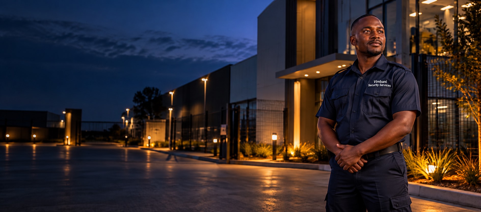 Security officer wearing a Vimbani Security Services uniform outside a commercial property